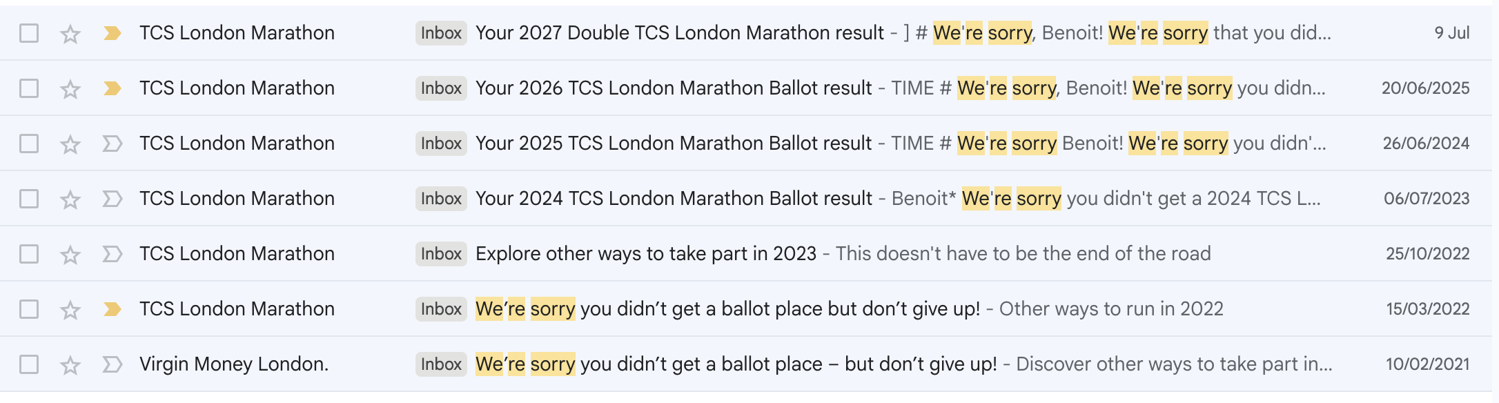 London Marathon lottery rejection emails 2018–2025